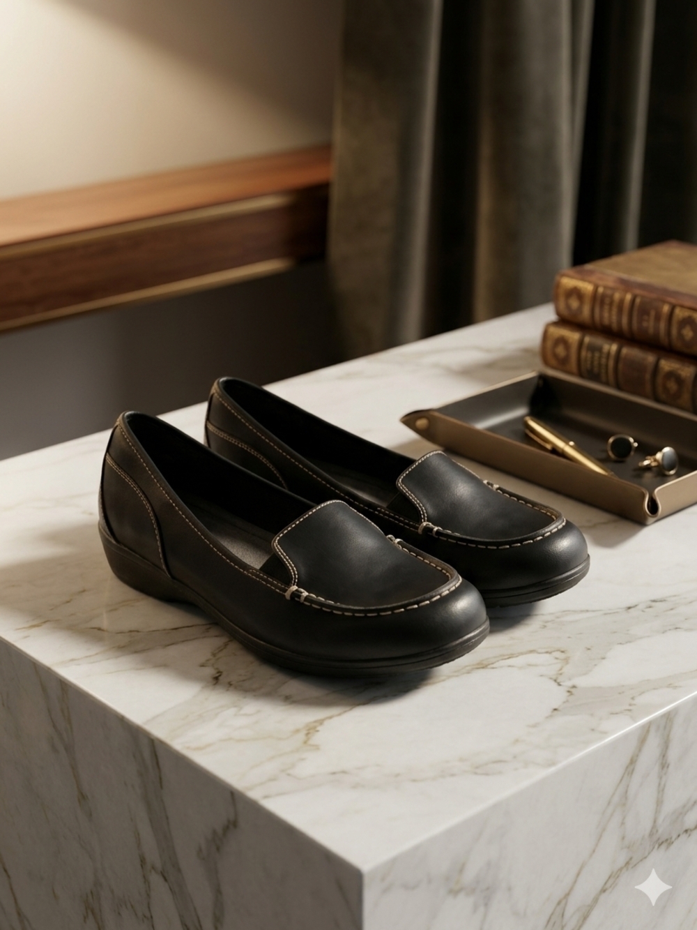 Classic Black Leather Slip-On Loafers with Contrast Stitch